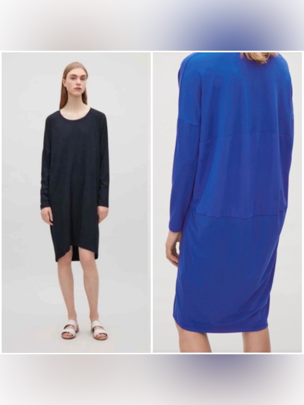 COS Navy Blue Long Sleeve Cocoon Dress with Silk Panel Women’s M Minimalist